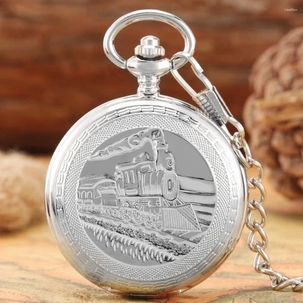 Relojes de bolsillo de lujo de plata Steampunk tren reloj mecánico mecanismo Manual reloj colgante completo reloj de cuerda Manual