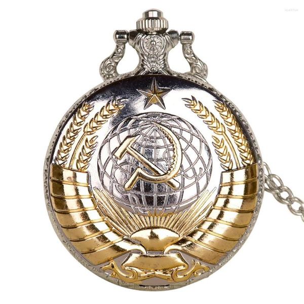 Montres de poche de luxe, Badges soviétique, faucille marteau, pendentif or-argent, emblème russe, communisme avec horloge à chaîne Fob