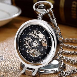 Montres de poche Luxe en acier inoxydable hommes Vintage montre de poche cadran squelette argent main vent mécanique mâle Fob chaîne pendentif horloge montres 231208