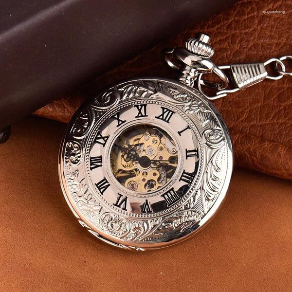 Relojes de bolsillo Reloj mecánico vintage Steampunk de lujo para hombres Damas Esqueleto Dial Caja grabada Fob Cadena Colgante Reloj de colección