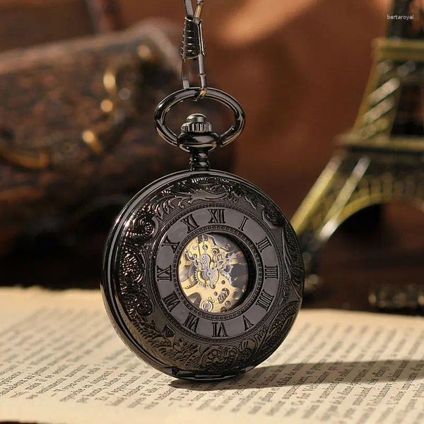 Relojes de bolsillo Estilo de lujo Reloj de cuerda a mano Esqueleto negro Steampunk Caja doble hueca Número romano Dial Movimiento mecánico con cadena