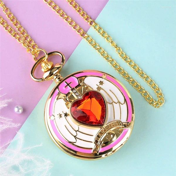 Relojes de bolsillo Reloj de oro amarillo de lujo Patrón de corazón rojo Suéter Collar Cadena Reloj analógico de cuarzo para niña Mujer Reloj Regalos