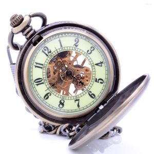 Pocket Watches M043 Bronze schild Noctilucte wijzerplaat Handwind Mechanisch horloge Clamshell Skelet -tandwielen Gift met doos