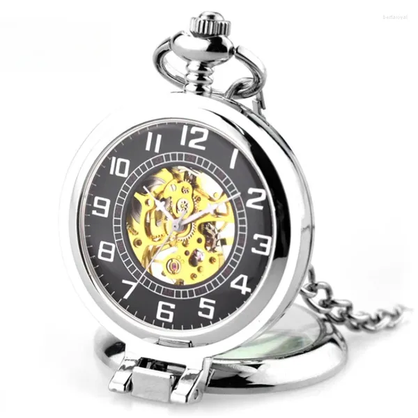 Relojes de bolsillo Lupa Ver a través de la caja en tono plateado Esfera negra Número arábigo Reloj con movimiento mecánico de cuerda manual para hombres con cadena FOB