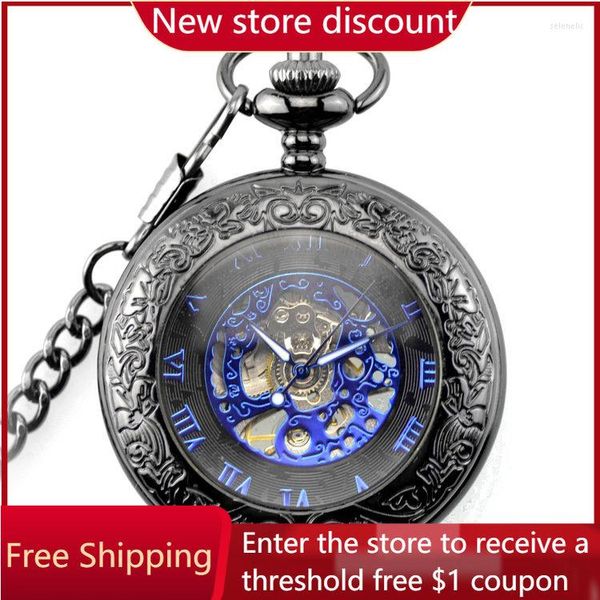 Relojes de bolsillo Lupa Azul Mecánico Vintage Clamshell Ahuecado Reloj de collar