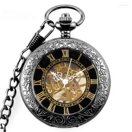 Zakhorloges Vergrootglas Doorzichtige kast Zwarte wijzerplaat Romeins nummer Steampunk Heren handopwindbaar mechanisch horloge met fob-ketting Cadeau