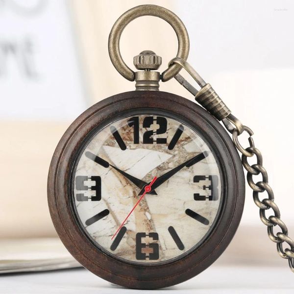 Relojes de bolsillo con números de mármol, reloj de cuarzo de ébano, regalo Retro para hombres y mujeres, reloj colgante de madera, reloj sin tapa