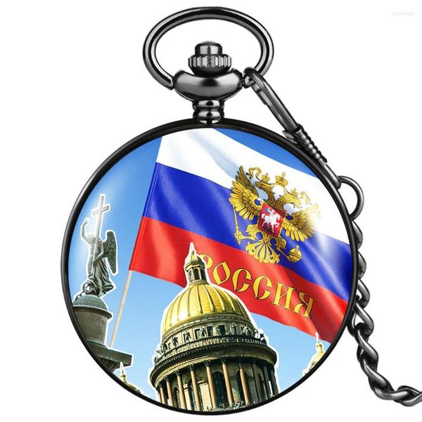 Relojes de bolsillo Regalos significativos Reloj de cuarzo cómodo Esfera blanca con números arábigos Patrón de bandera de Rusia Reloj colgante práctico