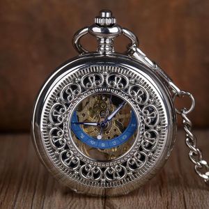 Relojes de bolsillo Reloj mecánico de cuerda manual Números romanos Pantalla Cubierta transparente Reloj colgante de plata antigua Fob Relojes Bolsillo