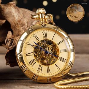 Relojes de bolsillo Reloj mecánico Lujo Cobre y plata Automático con cadena Números romanos para hombres Alta calidad