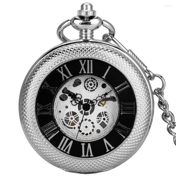 Montres de poche pour hommes, couleur argent, squelette, vent manuel, chiffres romains mécaniques, horloge pendentif, cadeaux pour grand-père