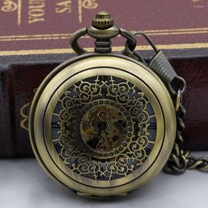 Pocket horloges heren mechanisch horloge klassiek skelet hand wikkelende ketting klok mannelijke retro bronzen holle kast voor mannen vrouwen pjx1324