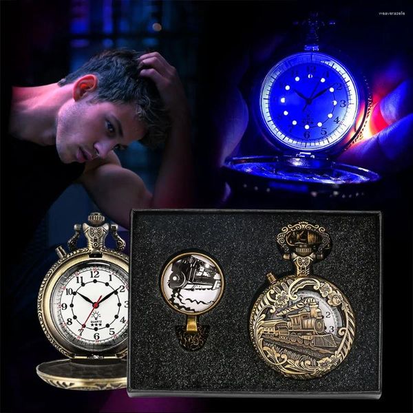 Relojes de bolsillo Reloj de cuarzo para hombre Tren hueco retro con luz LED Números arábigos Conjunto de collar con esfera blanca