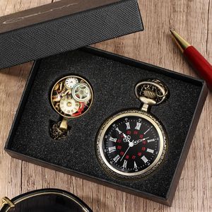 Pocket Watches Men Simple Quartz Watch Set Women Antique Black Face Romeinse cijfers Dial Pendant Clock Chain Box Gifts