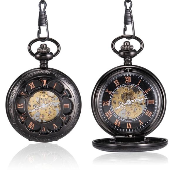 Relojes de bolsillo Hombres Mujeres Reloj de cuarzo Estuche tallado de pétalo hueco negro con cadena LL @ 17