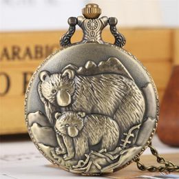 Pocket Watches Mother Baby Polar Bear Display Quartz Watch Bronze Volledige hangende klok met Steampunk Chain Reloj de Bolsillo