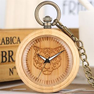 Pocket horloges natuurlijke bamboe houten horloge lichtgevende handen carve tijger gezicht wijzerplaat bronzen fob vintage hanger kwarts klokcadeau