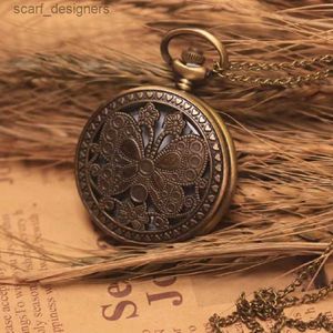 Pocket horloges Nieuwe mode vintage acht blad dubbele bloemkwarts zak met ketting metalen holle snijpatroon hanger verjaardagscadeaus y240410