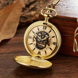 Pocket Watchs New Hollow Mechanical Pocket Steampunk Pendant Chain Gold Skeleton Handsiding Fob Men Women Voftor Halloween Cadeaux L240402