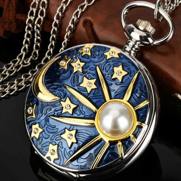 Pocket Watchs New Relief Sea Blue Star et Moon Quartz Collier incrusté de la chaîne de pendentif de poche en argent perlé pour le Studen mâle et féminin Y240410