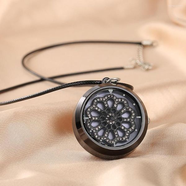 Montres De Poche Noble Noir Diamant Incrusté En Cuir Corde Dames Montre Exquis Pendentif Collier Horloge Cadeaux D'anniversaire Pour Petite Amie