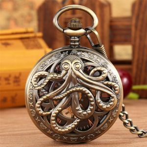 Pocket horloges octopus patroon mechanisch handwindend horloge rose goud Romeinse cijfers bellen transparant skelet handmatige hanglekspocket