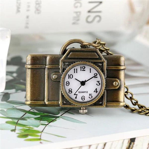 Relojes de bolsillo Moda Antigua diseño de cámara Collar Reloj movimiento de cuarzo Reloj con pantalla de números arábigos para hombres y mujeres Reloj colgante