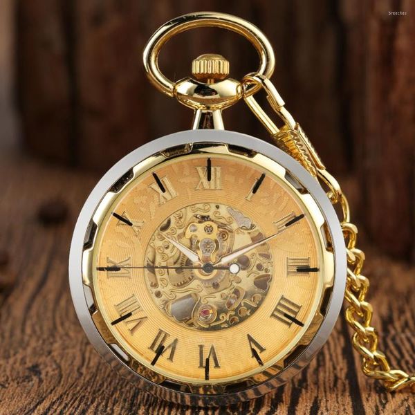 Relojes de bolsillo con cara abierta, reloj mecánico transparente con esqueleto, reloj elegante con números romanos para hombre, esfera con pantalla, reloj de cuerda manual