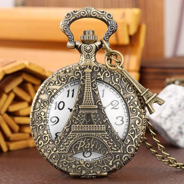 Montres de poche ajourées motif tour Eiffel rétro pendentif collier horloge montre à quartz en bronze avec accessoire cadran chiffres arabes blancs