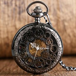 Pocket Watches PA010 Village Black Skeleton Hollow Mechanical Watch Hand Winding voor mannen of vrouwen