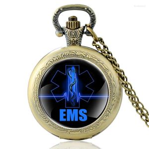 Zakhorloges Persoonlijkheid EMS Ontwerp Brons Uniek Glas Cabochon Vintage Quartz Horloge Mannen Vrouwen FOB Hanger Ketting Uur Klok