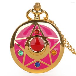 Pocket horloges roze pentagram verkopen mode klassieke vintage antiuqe kwarts horloge ketting fob ketting cadeau voor meisjes dochter