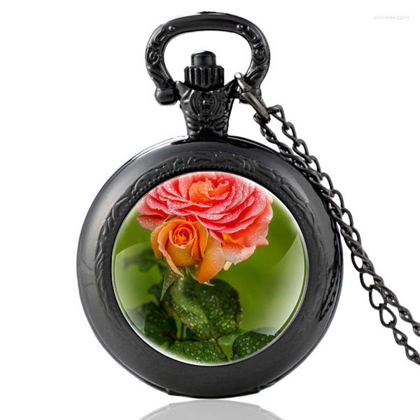 Montres de poche Jolie Rose Fleurs Design Noir Vintage Quartz Montre Pendentif Horloge Hommes Femmes Charme Verre Dôme Collier Cadeaux