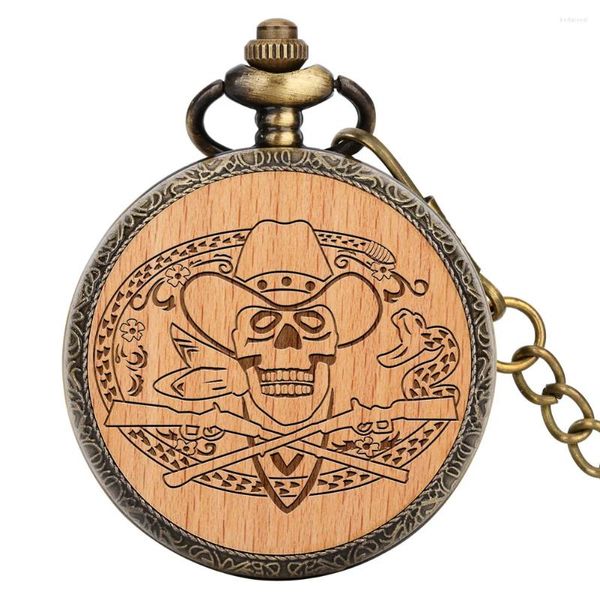 Relojes de bolsillo Punk Vintage pirata calavera serpiente grabado patrón madera bronce aleación reloj de cuarzo para hombres mujeres Retro elegante cadena