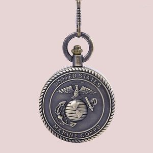 Pocket horloges Kwaliteit Bronze antieke US Marine Corps Vlag Embossed Quartz Chain Pendant Mens Collection