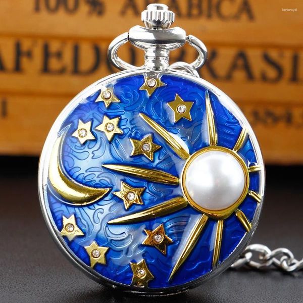 Relojes de bolsillo con arte en relieve para Hombre, Reloj con incrustaciones de estrella y Luna, collar de cielo estrellado azul perla, cadena Steampunk Fob