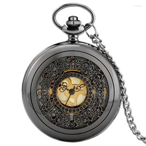 Relojes de bolsillo Retro negro hueco denso acabado dorado flores elegantes cuarzo Steampunk reloj colgante Fob cadena reloj antiguo regalos