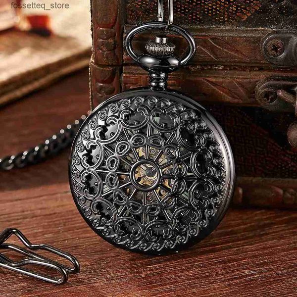 Relojes de bolsillo Retro negro mecánico cuerda manual para hombre bolsillo Fob cadena Steampunk hueco diseño de telaraña antiguo elegante reloj de bolsillo L240322
