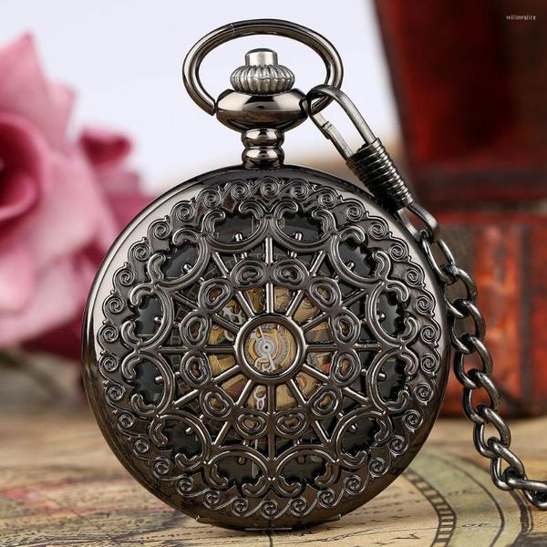 Relojes de bolsillo Retro negro mecánico cuerda manual reloj de hombre cadena Fob Steampunk hueco diseño de telaraña antiguo reloj elegante