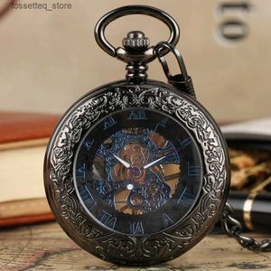 Relojes de bolsillo Diseño de caja de vidrio con patrón negro retro con esfera esquelética azul Bolsillo mecánico con cadena de regalo para hombres y mujeres L240322
