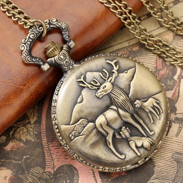 Montres de poche rétro Bronze motif cerf mouvement à Quartz montre boîtier en alliage cadran rond Antique vieille horloge unisexe mince chaîne pendentif