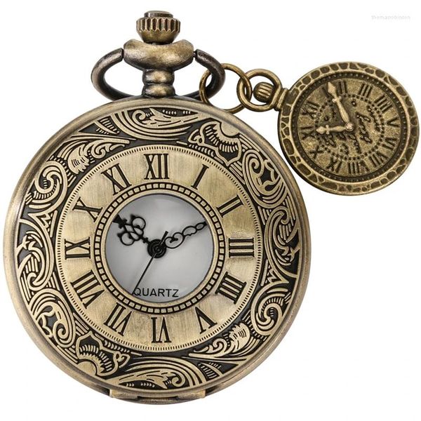 Relojes de bolsillo Retro Bronce Grabado Número Romano Caja Reloj de Cuarzo Collar Cadena FOB Reloj Regalos para Hombres Mujeres con Accesorio