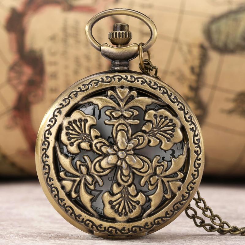 Pocket Watches Retro Bronze Hollow Engraved Pattern Flower Leaf Quartz Ancient Necklace Chain Flowers Clock Pendant For Men Women ArrivalsPo