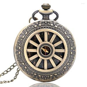 Pocket horloges retro bronzen holle wiel ontwerp horloge voor mannen vrouwen met Romeinse nummer dial fob ketting ketting sieraden klokkengiften