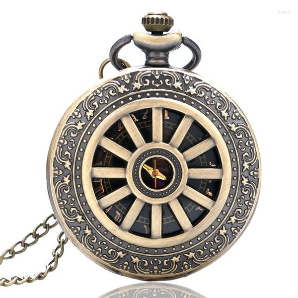 Montres de poche rétro Bronze roue creuse conception montre pour hommes femmes avec numéro romain cadran Fob collier chaîne bijoux horloge cadeaux