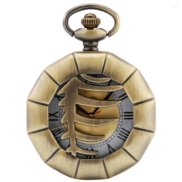 Montres de poche rétro Bronze chiffres romains polygone montre à Quartz hommes femmes creux poisson os boîtier Steampunk Vintage pendentif collier cadeaux