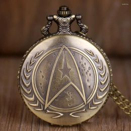 Montres de poche rétro Bronze bouclier pentagone Design créatif montre à Quartz avec collier chaîne loisirs pendentif cadeau horloge pour hommes