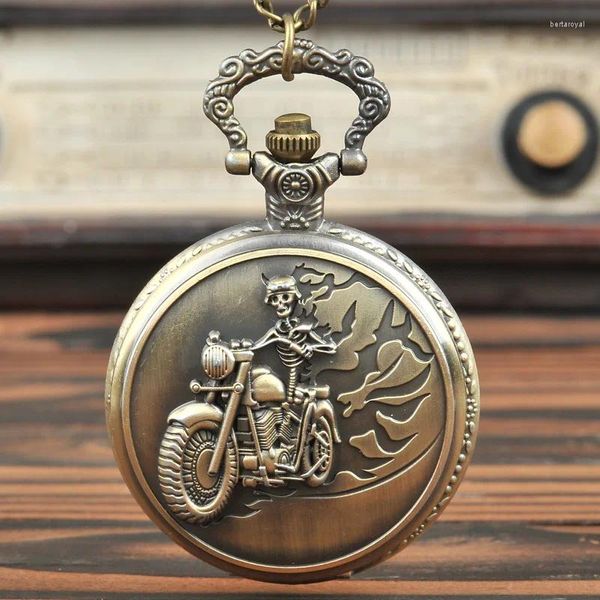 Relojes de bolsillo Retro bronce esqueleto diseño de motocicleta colgante reloj de cuarzo con collar cadena reloj de regalo para hombre