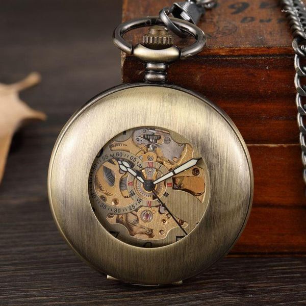 Relojes de bolsillo Retro Bronce Caja hueca suave Esqueleto Dial Auto-viento Mecánico Vintage Steampunk Fob Reloj con cadena