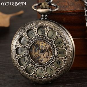 Zakhorloges Retro Brons Steampunk Heren Mechanisch Handopwinder Zakhorloge Holle Romeinse wijzerplaat Skeletklok FOB Tailleketting Zakhorloge Cadeau 230830